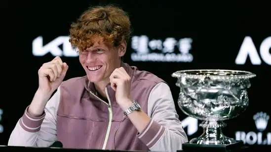 Jannik Sinner of Italy reacts at a press conference following his win over Daniil Medvedev of Russia in the men's singles final at the Australian Open tennis championships at Melbourne Park, in Melbourne, Australia, Monday, Jan. 29(AP)