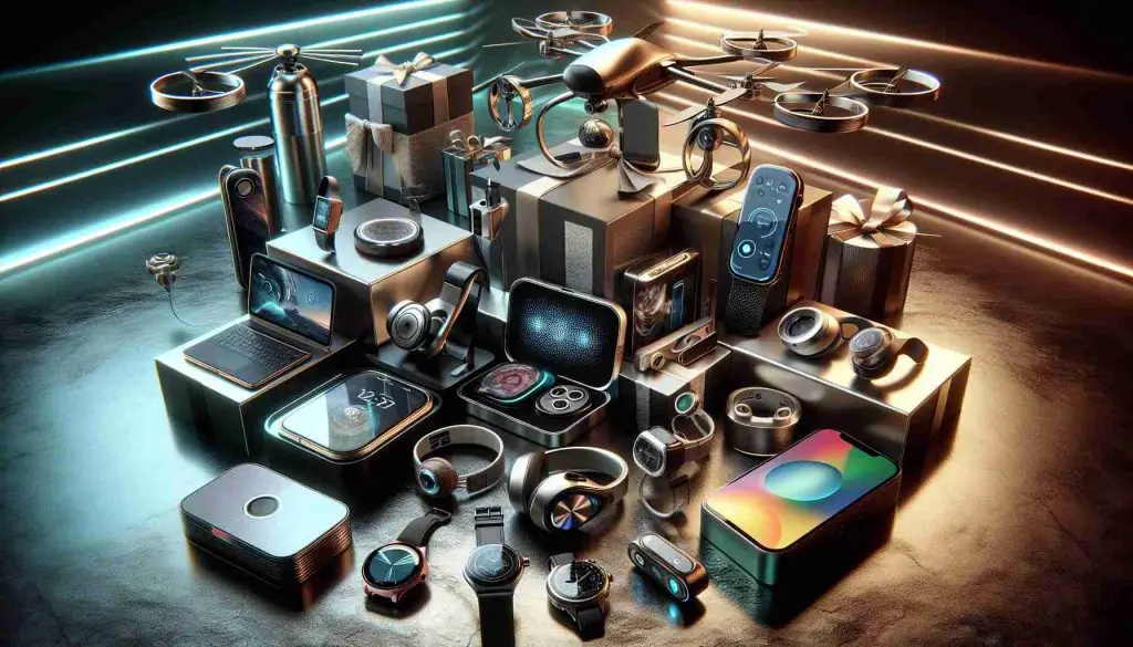 An assortment of innovative tech gadgets presented as gifts, representing the best and most sought-after items of 2022. The image displays a variety of devices, ranging from high-tech earbuds to advanced smart watches, cutting-edge drones to immersive VR headsets. The gadgets are tastefully arranged against a sleek, futuristic background that encompasses the mood of the coming technological revolution, under the naturally soft yet illuminating light. The image quality should be outstanding, with meticulous attention to detail, emphasizing sharpness, color accuracy, and contrast, representing a high-definition, realistic portrayal of 2022's coolest tech gifts.