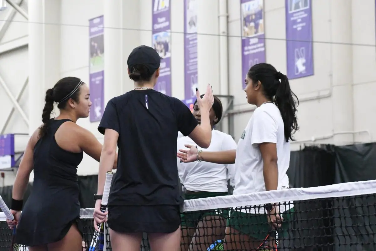 Four+tennis+players+shake+hands+over+the+net.+Two+of+them+wear+black%2C+and+the+other+two+wear+white+and+green.