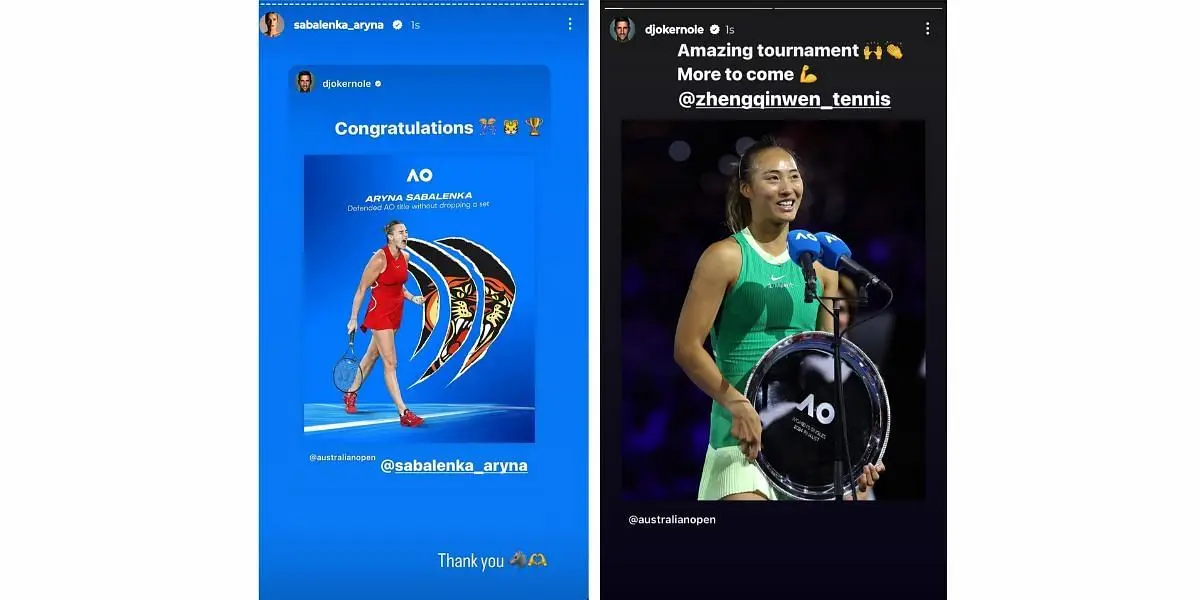 Aryna Sabalenka and Novak Djokovic via Instagram stories