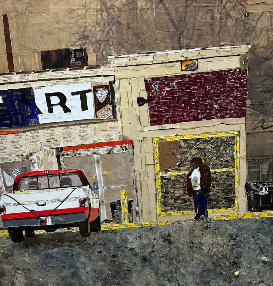 “Waiting For The Next Fix” by Lance G. Newman II is a mosaic of mixed media depicting a person standing outside a corner store and a truck parked nearby.