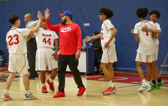 The Indio Rajahs celebrate their win against Desert Hot Springs in Indio, Calif., Jan. 29, 2024.