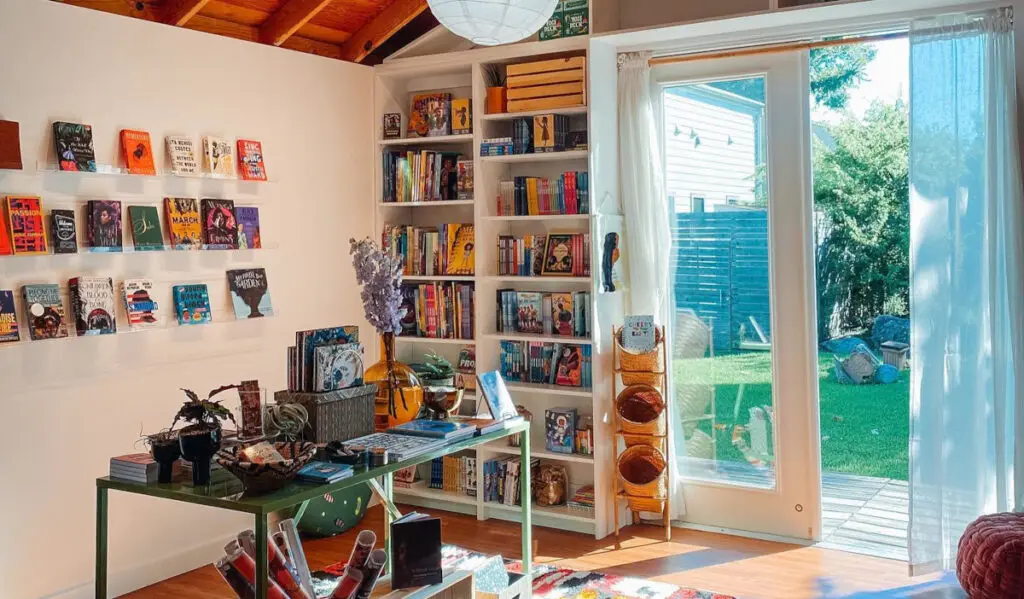 A bright interior of a book shop with a door open to a backyard