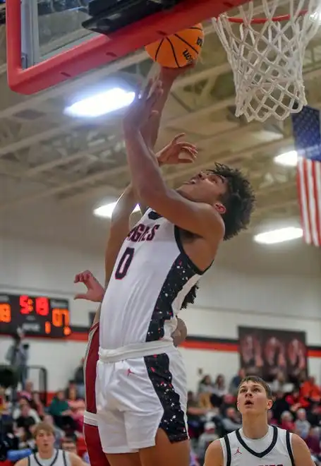 Albertville's Keandre Yancey makes a shot during high school basketball action in Albertville, Alabama January 29, 2024.