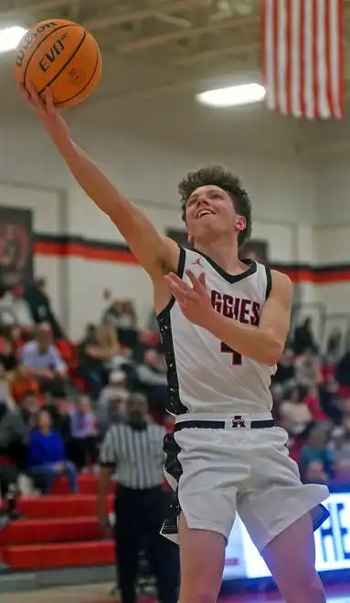 Albertville's Samuel Barclift makes a shot during high school basketball action in Albertville, Alabama January 29, 2024.