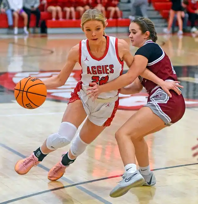 Albertville's Molly Morrison drives to the basket as Boaz's Sydney Noles defends during high school basketball action in Albertville, Alabama January 29, 2024.