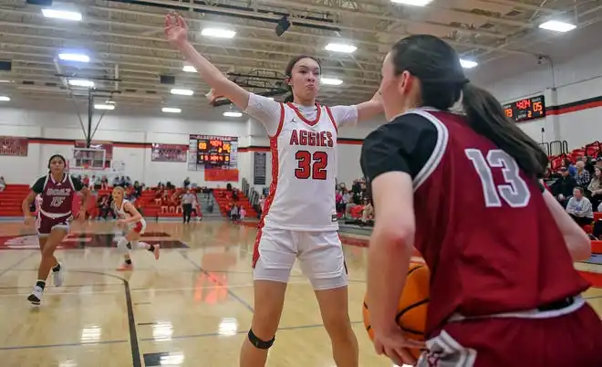 Boaz's Lillac Stanton tries to inbound the ball as Albertville's Whitley Booker defends during high school basketball action in Albertville, Alabama January 29, 2024.