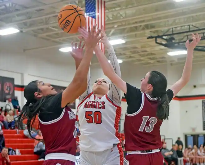 Albertville's Sierra Harris and Boaz's Lillac Stanton battle for a rebound during high school basketball action in Albertville, Alabama January 29, 2024.