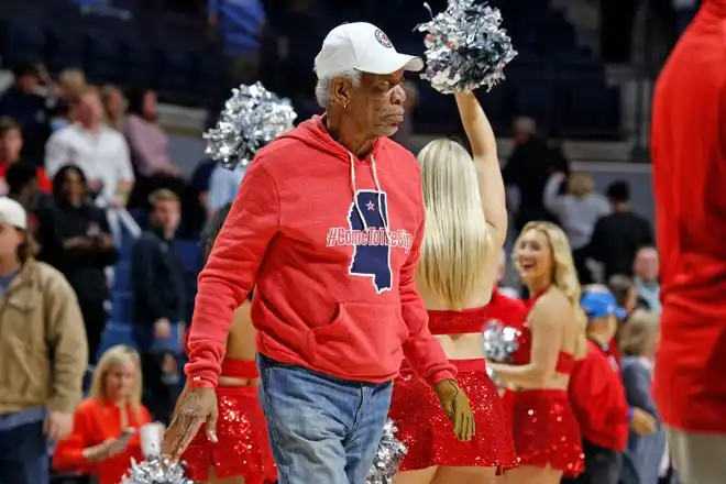 Dec 15, 2021; Oxford, Mississippi, USA; Morgan Freeman walks across the court after Middle Tennessee Blue Raiders and the Mississippi Rebels game at The Sandy and John Black Pavilion at Ole Miss. Mandatory Credit: Petre Thomas-USA TODAY Sports