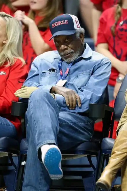 Feb 25, 2017; Oxford, MS, USA; Actor Morgan Freeman is in attendance during the first half between the Mississippi Rebels and the Missouri Tigers at The Pavilion at Ole Miss. Mississippi Rebels defeat the Missouri Tigers 80-77. Mandatory Credit: Spruce Derden-USA TODAY Sports