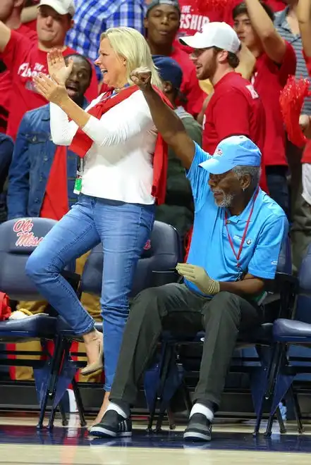 Jan 31, 2017; Oxford, MS, USA; Morgan Freeman (right) celebrates during the second half in the game between the Mississippi Rebels and the Mississippi State Bulldogs at The Pavilion at Ole Miss. Mississippi defeated Mississippi State 88-61. Mandatory Credit: Spruce Derden-USA TODAY Sports