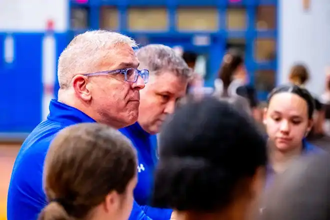 Wareham coach Mike Fortune speaks to the team during a timeout.