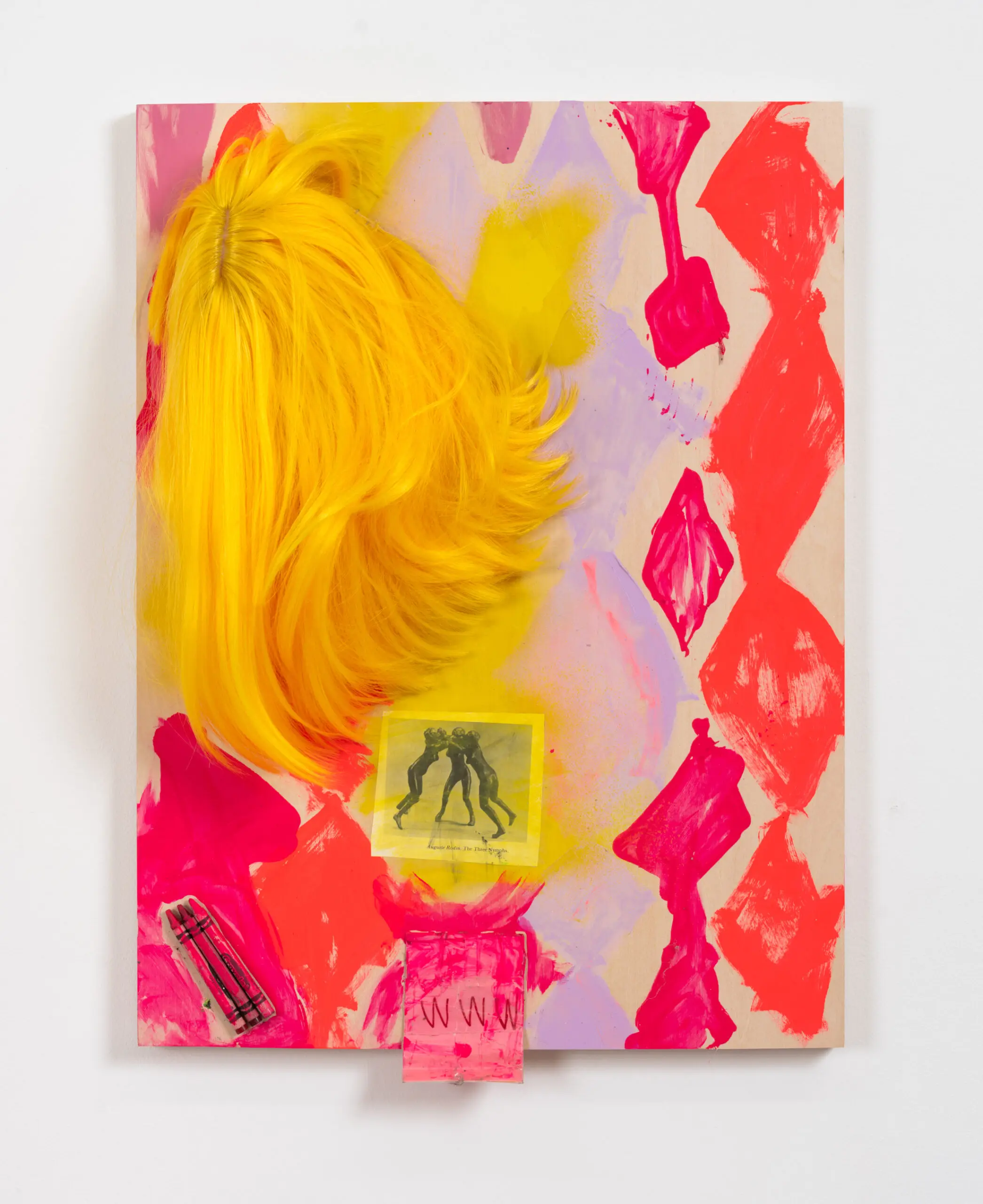 A colorful painting with a wig glued to it