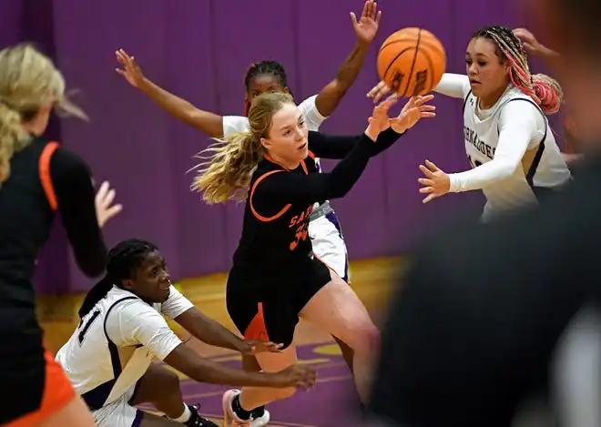 The area varsity girls basketball teams will end their regular season as Booker will host IMG Academy Blue Wed. Jan. 31, 2024, 7p.m. at Booker's Tornado Alley and the Sarasota Sailors will host the Cardinal Mooney Cougars at 6:00 p.m. on Friday Feb. 2, 2024, at Sarasota's Edward F. Howell Gymnasium. Here action between Booker and Sarasota. Booker took a two point lead in the last 38.4 seconds of remaining regulation play winning 56-54 on Thursday night Jan. 18, 2024, at Booker's Tornado Alley in Sarasota.