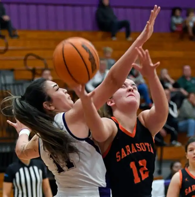 The area varsity girls basketball teams will end their regular season as Booker will host IMG Academy Blue Wed. Jan. 31, 2024, 7p.m. at Booker's Tornado Alley and the Sarasota Sailors will host the Cardinal Mooney Cougars at 6:00 p.m. on Friday Feb. 2, 2024, at Sarasota's Edward F. Howell Gymnasium. Here action between Booker and Sarasota. Booker took a two point lead in the last 38.4 seconds of remaining regulation play winning 56-54 on Thursday night Jan. 18, 2024, at Booker's Tornado Alley in Sarasota.