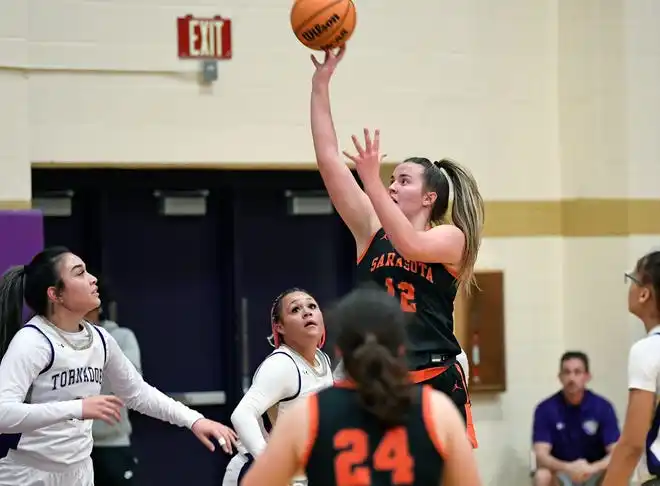 The area varsity girls basketball teams will end their regular season as Booker will host IMG Academy Blue Wed. Jan. 31, 2024, 7p.m. at Booker's Tornado Alley and the Sarasota Sailors will host the Cardinal Mooney Cougars at 6:00 p.m. on Friday Feb. 2, 2024, at Sarasota's Edward F. Howell Gymnasium. Here action between Booker and Sarasota. Booker took a two point lead in the last 38.4 seconds of remaining regulation play winning 56-54 on Thursday night Jan. 18, 2024, at Booker's Tornado Alley in Sarasota.