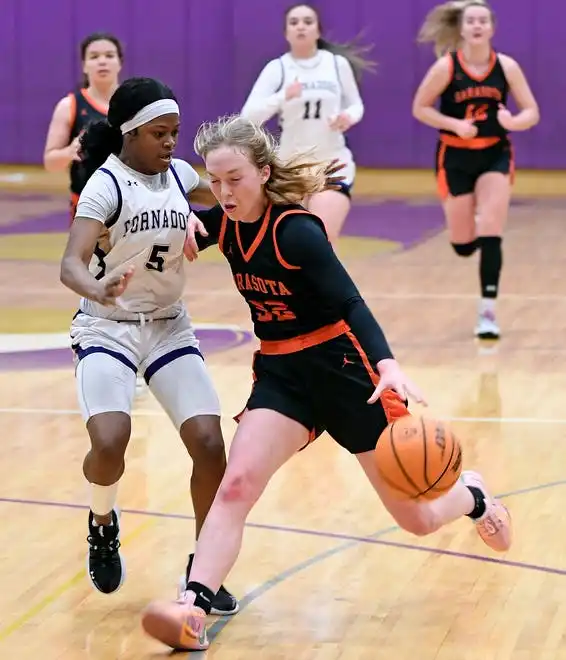 The area varsity girls basketball teams will end their regular season as Booker will host IMG Academy Blue Wed. Jan. 31, 2024, 7p.m. at Booker's Tornado Alley and the Sarasota Sailors will host the Cardinal Mooney Cougars at 6:00 p.m. on Friday Feb. 2, 2024, at Sarasota's Edward F. Howell Gymnasium. Here action between Booker and Sarasota. Booker took a two point lead in the last 38.4 seconds of remaining regulation play winning 56-54 on Thursday night Jan. 18, 2024, at Booker's Tornado Alley in Sarasota.