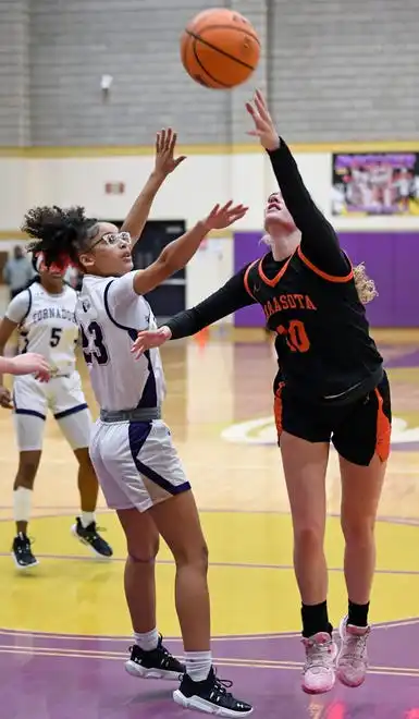 The area varsity girls basketball teams will end their regular season as Booker will host IMG Academy Blue Wed. Jan. 31, 2024, 7p.m. at Booker's Tornado Alley and the Sarasota Sailors will host the Cardinal Mooney Cougars at 6:00 p.m. on Friday Feb. 2, 2024, at Sarasota's Edward F. Howell Gymnasium. Here action between Booker and Sarasota. Booker took a two point lead in the last 38.4 seconds of remaining regulation play winning 56-54 on Thursday night Jan. 18, 2024, at Booker's Tornado Alley in Sarasota.