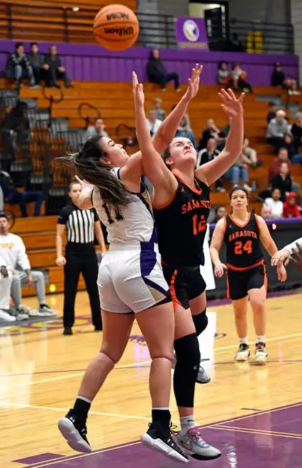 The area varsity girls basketball teams will end their regular season as Booker will host IMG Academy Blue Wed. Jan. 31, 2024, 7p.m. at Booker's Tornado Alley and the Sarasota Sailors will host the Cardinal Mooney Cougars at 6:00 p.m. on Friday Feb. 2, 2024, at Sarasota's Edward F. Howell Gymnasium. Here action between Booker and Sarasota. Booker took a two point lead in the last 38.4 seconds of remaining regulation play winning 56-54 on Thursday night Jan. 18, 2024, at Booker's Tornado Alley in Sarasota.