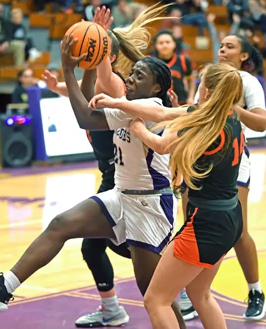 The area varsity girls basketball teams will end their regular season as Booker will host IMG Academy Blue Wed. Jan. 31, 2024, 7p.m. at Booker's Tornado Alley and the Sarasota Sailors will host the Cardinal Mooney Cougars at 6:00 p.m. on Friday Feb. 2, 2024, at Sarasota's Edward F. Howell Gymnasium. Here action between Booker and Sarasota. Booker took a two point lead in the last 38.4 seconds of remaining regulation play winning 56-54 on Thursday night Jan. 18, 2024, at Booker's Tornado Alley in Sarasota.