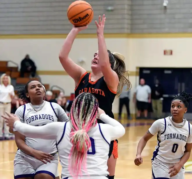 The area varsity girls basketball teams will end their regular season as Booker will host IMG Academy Blue Wed. Jan. 31, 2024, 7p.m. at Booker's Tornado Alley and the Sarasota Sailors will host the Cardinal Mooney Cougars at 6:00 p.m. on Friday Feb. 2, 2024, at Sarasota's Edward F. Howell Gymnasium. Here action between Booker and Sarasota. Booker took a two point lead in the last 38.4 seconds of remaining regulation play winning 56-54 on Thursday night Jan. 18, 2024, at Booker's Tornado Alley in Sarasota.