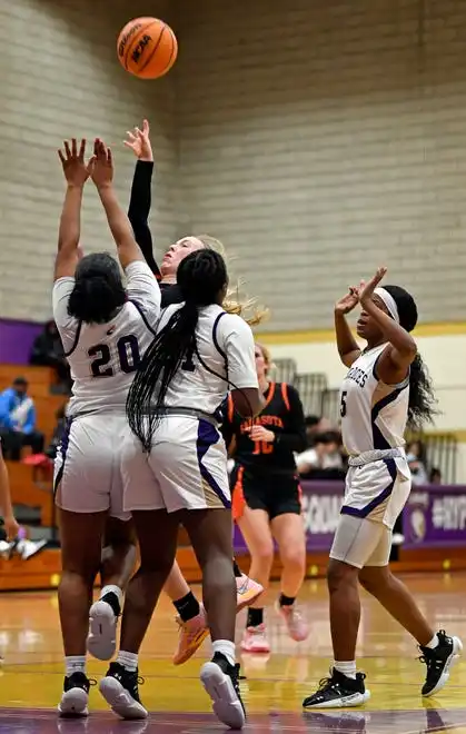 The area varsity girls basketball teams will end their regular season as Booker will host IMG Academy Blue Wed. Jan. 31, 2024, 7p.m. at Booker's Tornado Alley and the Sarasota Sailors will host the Cardinal Mooney Cougars at 6:00 p.m. on Friday Feb. 2, 2024, at Sarasota's Edward F. Howell Gymnasium. Here action between Booker and Sarasota. Booker took a two point lead in the last 38.4 seconds of remaining regulation play winning 56-54 on Thursday night Jan. 18, 2024, at Booker's Tornado Alley in Sarasota.