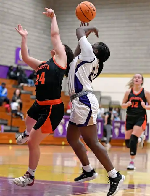 The area varsity girls basketball teams will end their regular season as Booker will host IMG Academy Blue Wed. Jan. 31, 2024, 7p.m. at Booker's Tornado Alley and the Sarasota Sailors will host the Cardinal Mooney Cougars at 6:00 p.m. on Friday Feb. 2, 2024, at Sarasota's Edward F. Howell Gymnasium. Here action between Booker and Sarasota. Booker took a two point lead in the last 38.4 seconds of remaining regulation play winning 56-54 on Thursday night Jan. 18, 2024, at Booker's Tornado Alley in Sarasota.