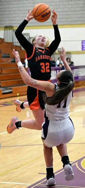 The area varsity girls basketball teams will end their regular season as Booker will host IMG Academy Blue Wed. Jan. 31, 2024, 7p.m. at Booker's Tornado Alley and the Sarasota Sailors will host the Cardinal Mooney Cougars at 6:00 p.m. on Friday Feb. 2, 2024, at Sarasota's Edward F. Howell Gymnasium. Here action between Booker and Sarasota. Booker took a two point lead in the last 38.4 seconds of remaining regulation play winning 56-54 on Thursday night Jan. 18, 2024, at Booker's Tornado Alley in Sarasota.