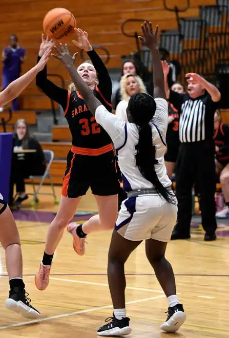 The area varsity girls basketball teams will end their regular season as Booker will host IMG Academy Blue Wed. Jan. 31, 2024, 7p.m. at Booker's Tornado Alley and the Sarasota Sailors will host the Cardinal Mooney Cougars at 6:00 p.m. on Friday Feb. 2, 2024, at Sarasota's Edward F. Howell Gymnasium. Here action between Booker and Sarasota. Booker took a two point lead in the last 38.4 seconds of remaining regulation play winning 56-54 on Thursday night Jan. 18, 2024, at Booker's Tornado Alley in Sarasota.