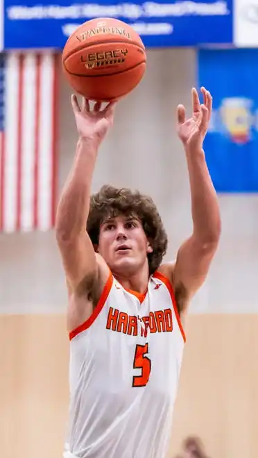 Hartford's Braycen Burg (5) shoots from the line during the game at home against Homestead, Tuesday, Jan. 30, 2024.