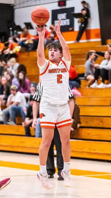 Hartford's Zach Herrmann (2) tries for three during the game at home against Homestead, Tuesday, Jan. 30, 2024.