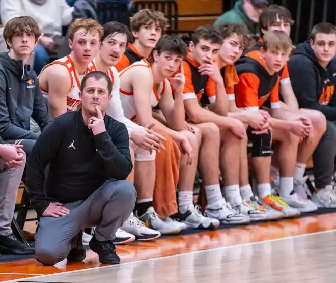 Hartford head coach Chris Smith follows the action during the game at home against Homestead, Tuesday, Jan. 30, 2024.