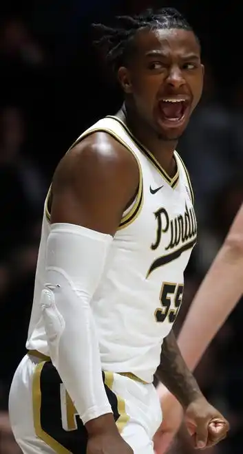 Purdue Boilermakers guard Lance Jones (55) reacts after scoring during the NCAA men’s basketball game against the Northwestern Wildcats, Wednesday, Jan. 31, 2024, at Mackey Arena in West Lafayette, Ind.