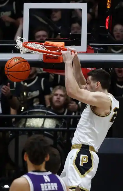 Purdue Boilermakers forward Camden Heide (23) dunks the bal during the NCAA men’s basketball game against the Northwestern Wildcats, Wednesday, Jan. 31, 2024, at Mackey Arena in West Lafayette, Ind.