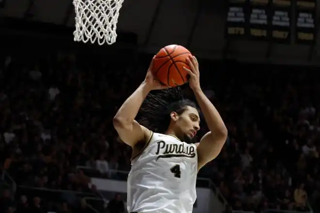 Purdue Boilermakers forward Trey Kaufman-Renn (4) grabs a rebound during the NCAA men’s basketball game against the Northwestern Wildcats, Wednesday, Jan. 31, 2024, at Mackey Arena in West Lafayette, Ind.