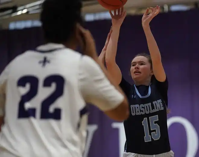 Ursuline's Anne Keneally (15) shoots from outside during their 78-23 win over New Rochelle in girls basketball action at New Rochelle High School on Wednesday, Jan. 31, 2024.Keenally had 10 points in the game.