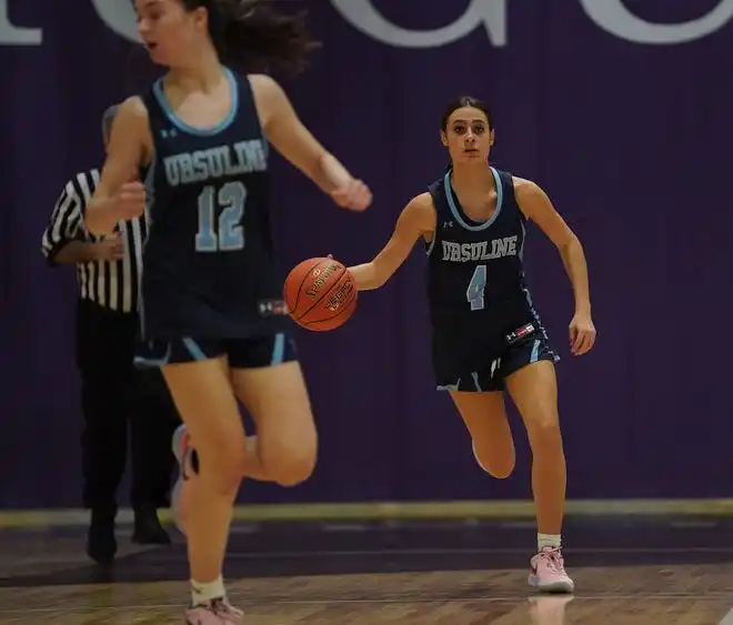 Ursuline's Lily Ardan (4) works the ball up the court during their 78-23 win over New Rochelle in girls basketball action at New Rochelle High School on Wednesday, Jan. 31, 2024. Ardan had 13 points in the game.