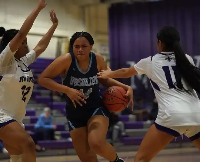 Ursuline's Madison Stores in action during in girls basketball action against New Rochelle at New Rochelle High School on Wednesday, Jan. 31, 2024. Stores had 8 points in the game.