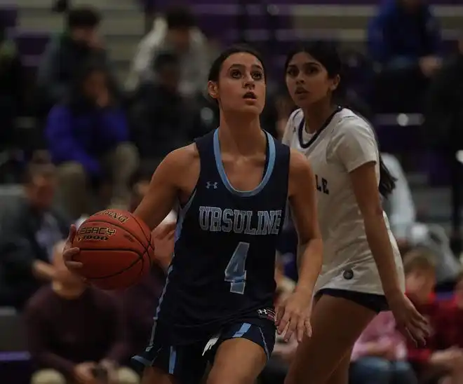 Ursuline's Lily Ardan (4) in action during their 78-23 win over New Rochelle in girls basketball action at New Rochelle High School on Wednesday, Jan. 31, 2024. Ardan had 13 points in the game.