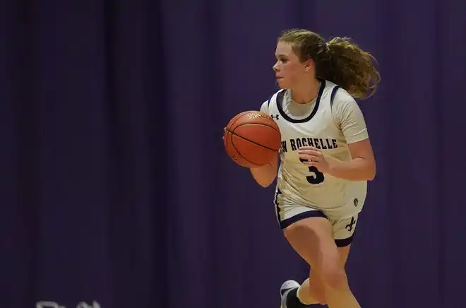 New Rochelle's Brianne Foley (3) in action during girls basketball action against Ursuline at New Rochelle High School on Wednesday, Jan. 31, 2024.