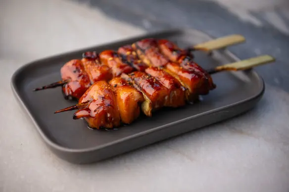 Chicken thigh skewers.