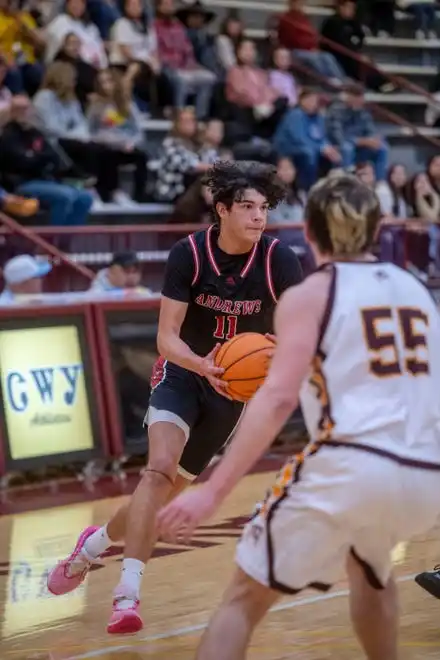 Andrews’ Cameron Rattler controls the ball in the game at Cherokee, January 30, 2024.