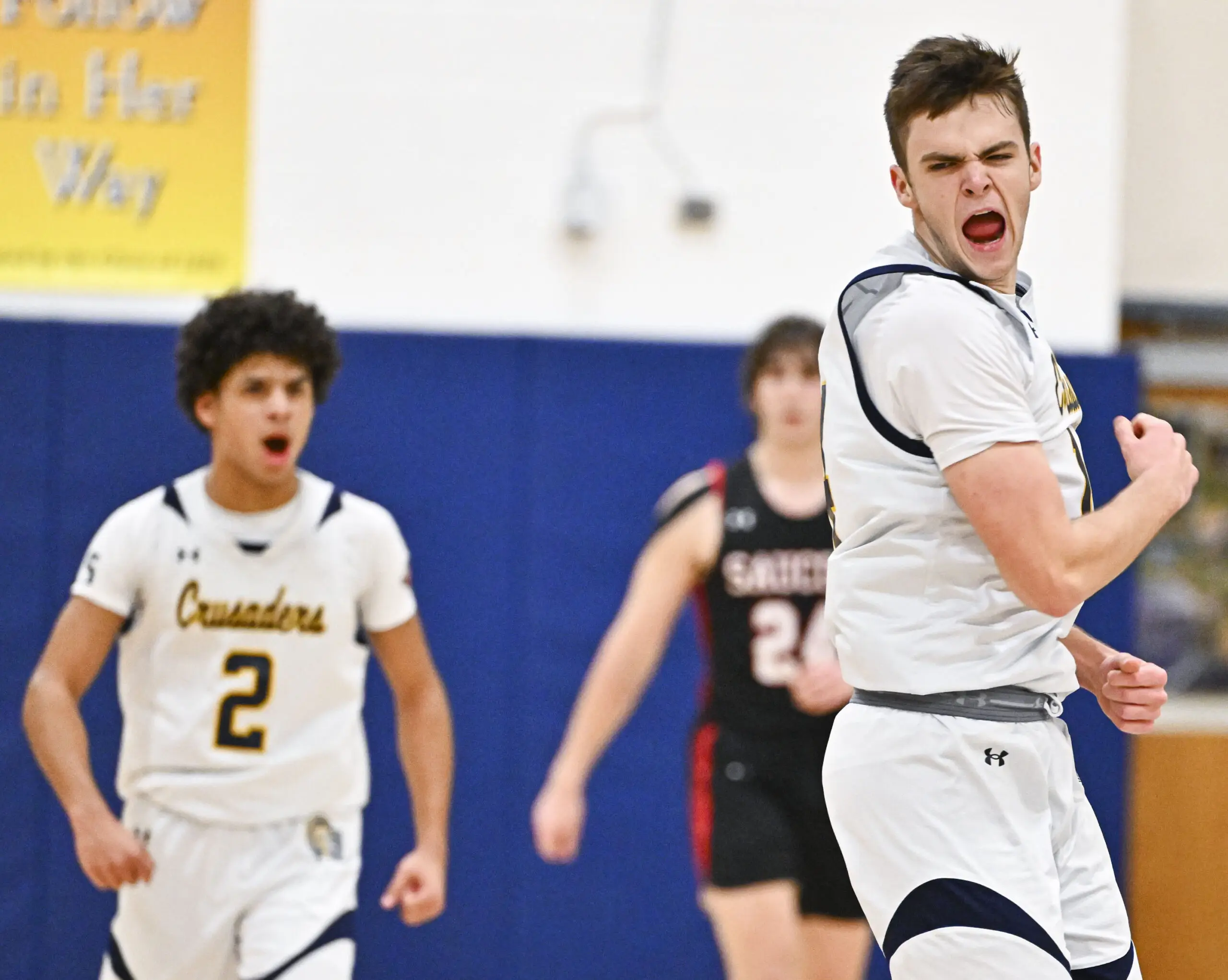 Notre Dame-Green Pond's Andrew Lessig reacts after scoring against Saucon Valley during a boys basketball game on Wednesday, Jan. 31, 2024, at Notre Dame-Green Pond High School. (April Gamiz/The Morning Call)