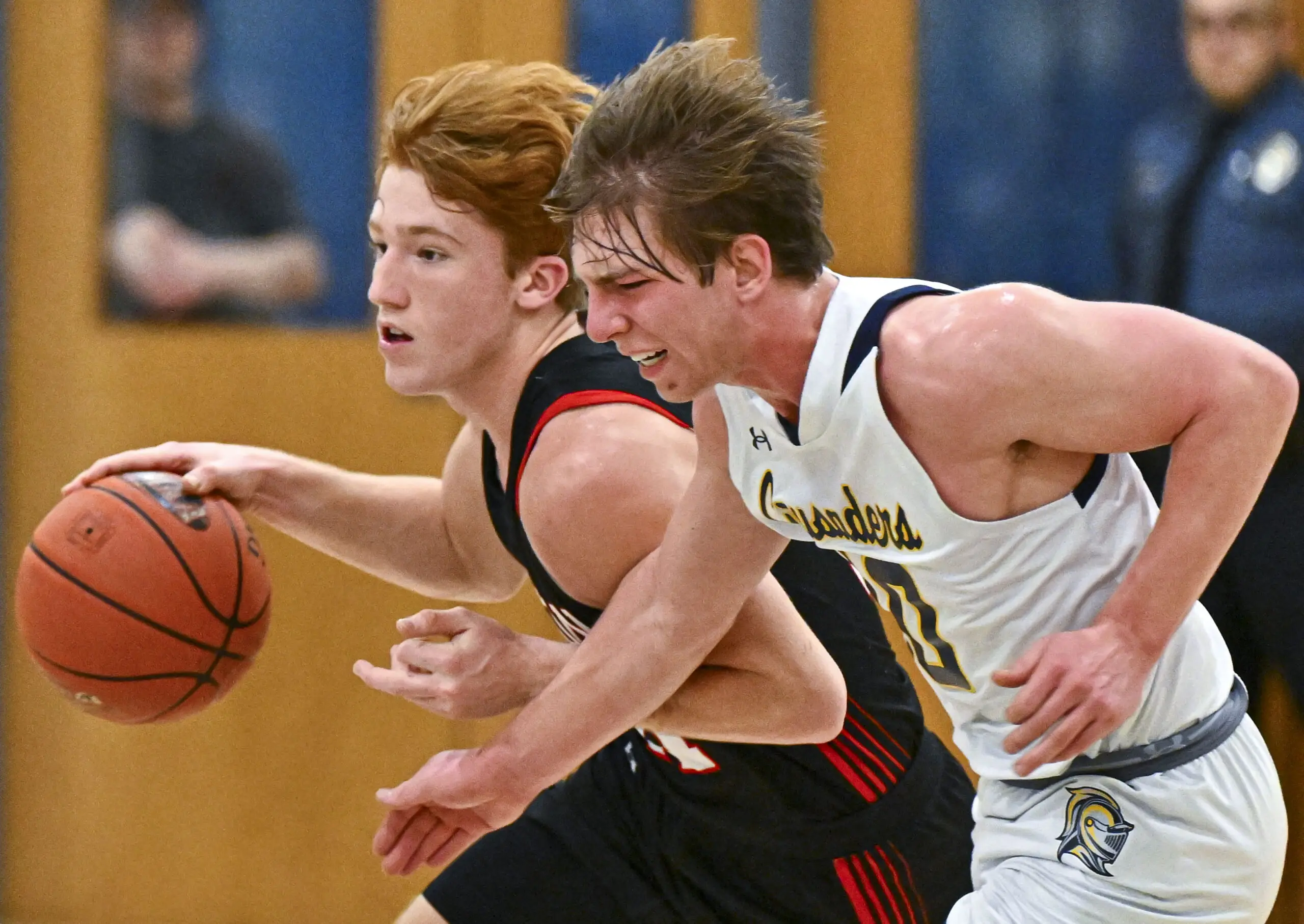 Saucon Valley's Jack Robertson drives against Notre Dame-Green Pond's Cameron Bohn during a boys basketball game on Wednesday, Jan. 31, 2024, at Notre Dame-Green Pond High School. (April Gamiz/The Morning Call)