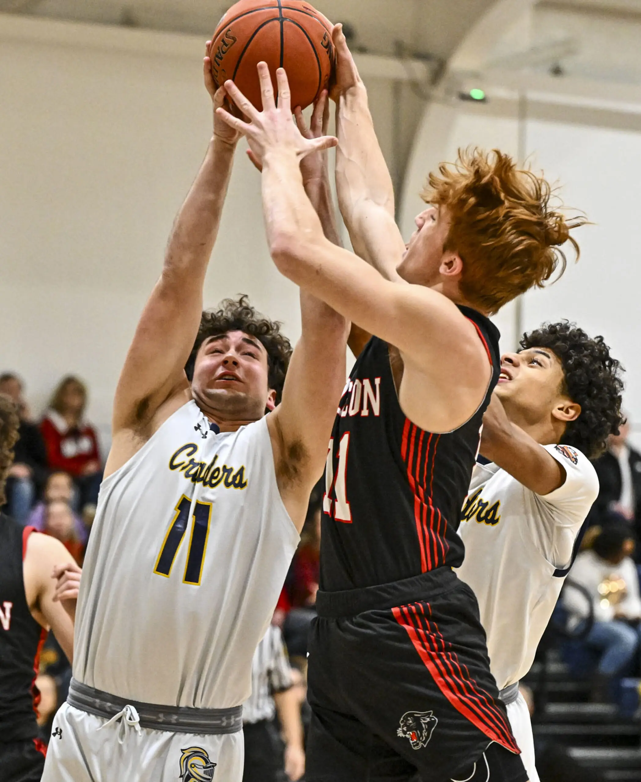 Notre Dame-Green Pond's Dainn Vassallo and Isaiah Miles look to control the ball against Saucon Valley's Jack Robertson during a boys basketball game on Wednesday, Jan. 31, 2024, at Notre Dame-Green Pond High School. (April Gamiz/The Morning Call)