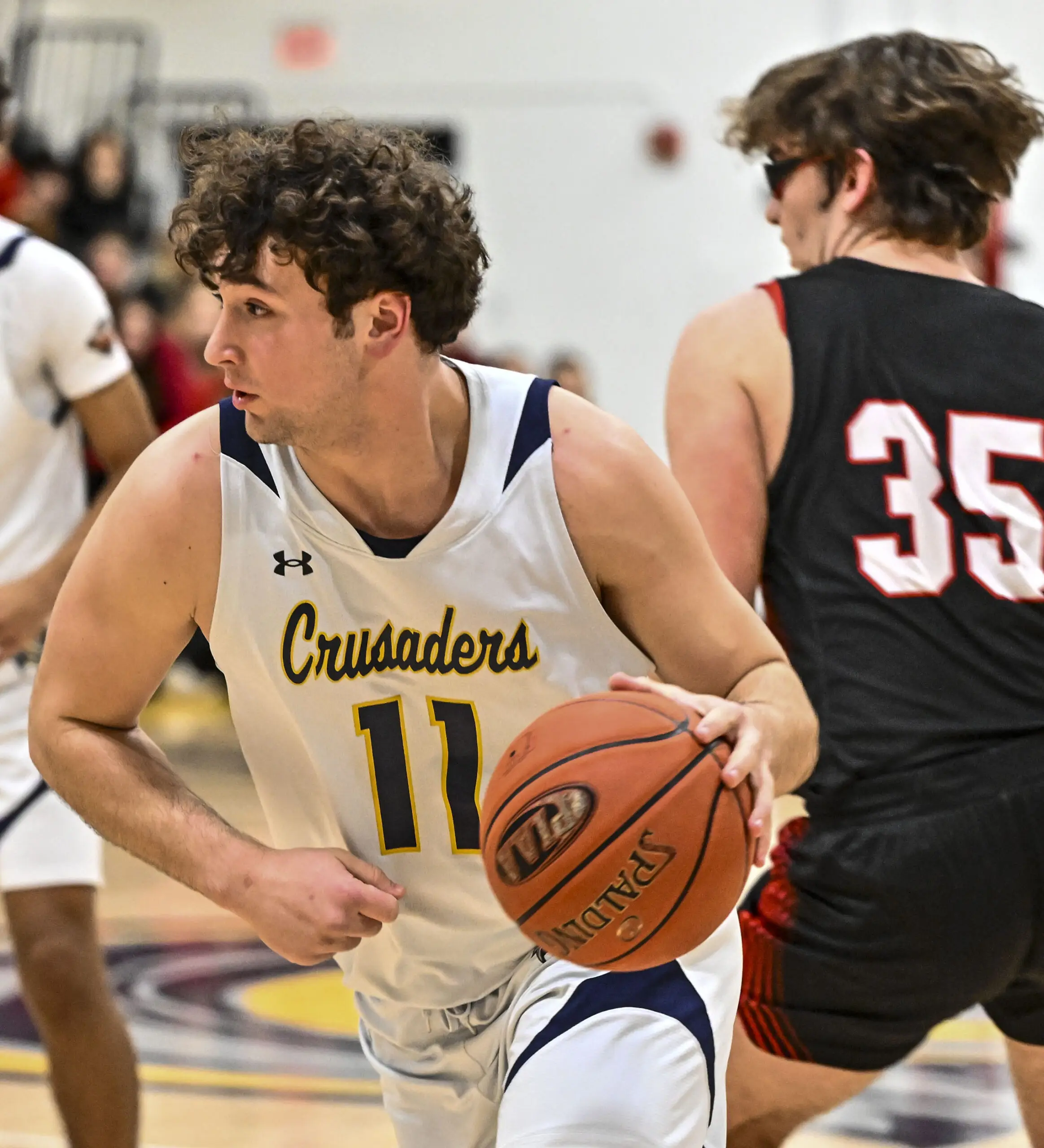 Notre Dame-Green Pond's and Dainn Vassallo drives up court against Saucon Valley's Caleb Grim during a boys basketball game on Wednesday, Jan. 31, 2024, at Notre Dame-Green Pond High School. (April Gamiz/The Morning Call)