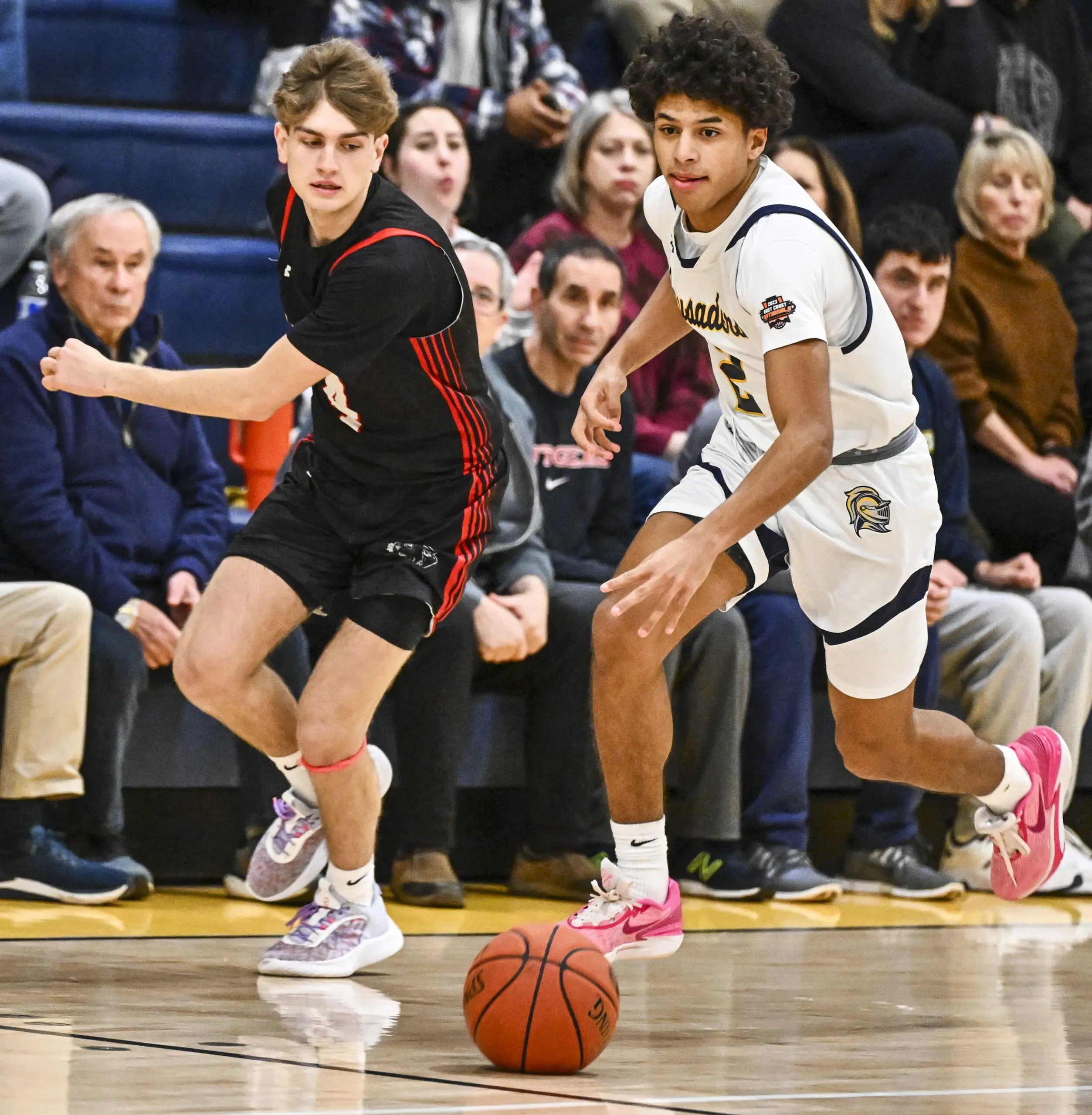 Notre Dame-Green Pond's Isaiah Miles drives up court against Saucon Valley's Braden Weiss during a boys basketball game on Wednesday, Jan. 31, 2024, at Notre Dame-Green Pond High School. (April Gamiz/The Morning Call)