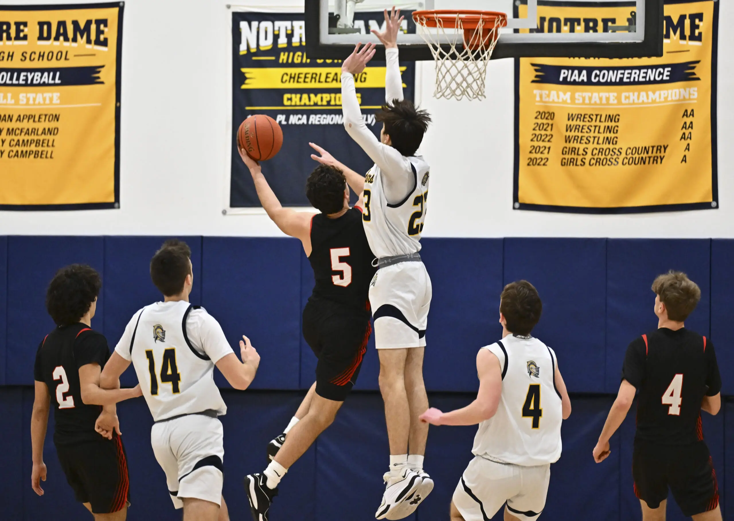 Saucon Valley's Constantine Donahue looks to score against Notre Dame-Green Pond's Caleb Hobbie during a boys basketball game on Wednesday, Jan. 31, 2024, at Notre Dame-Green Pond High School. (April Gamiz/The Morning Call)