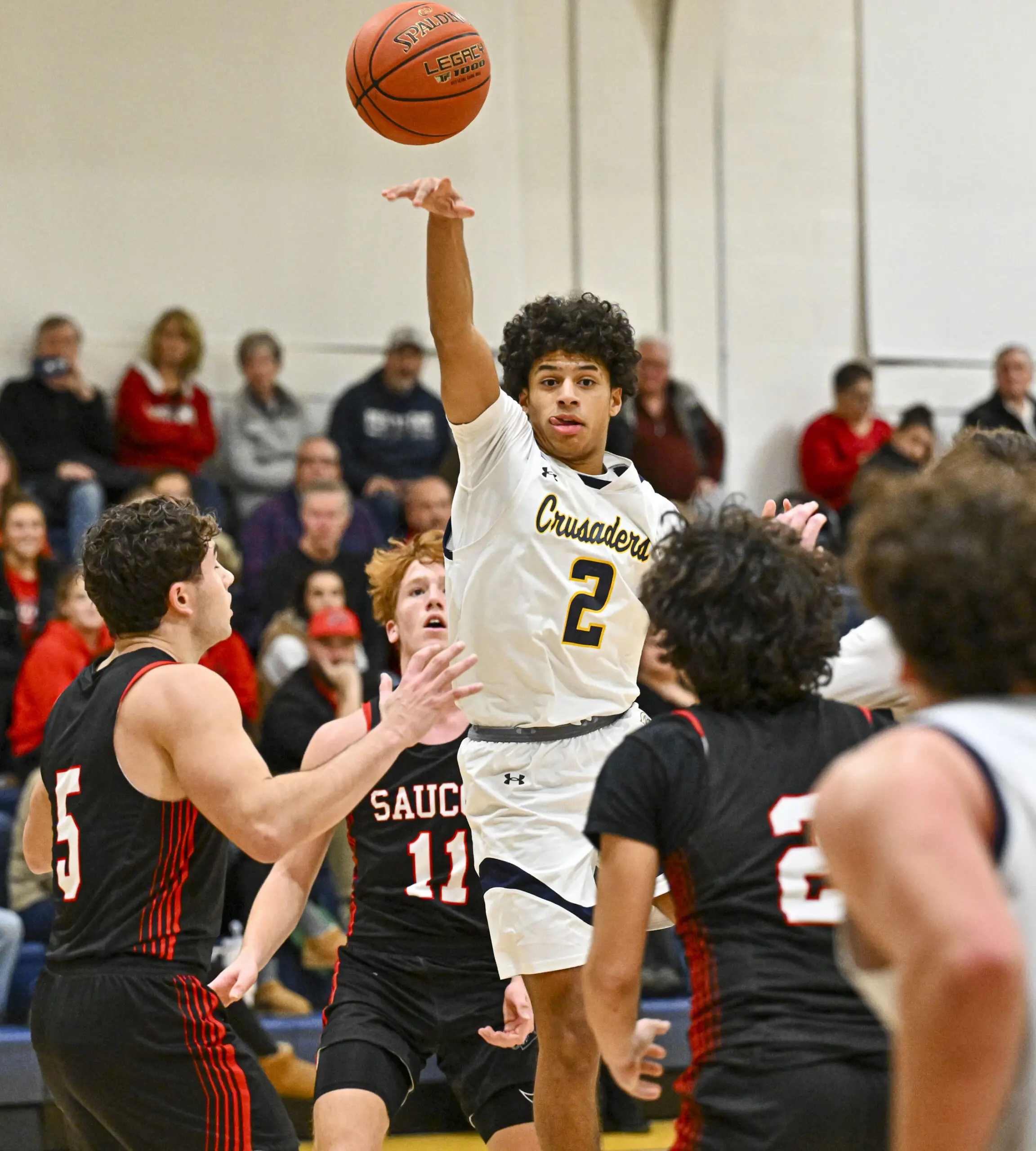 Notre Dame-Green Pond's Isaiah Miles passes the ball against Saucon Valley during a boys basketball game on Wednesday, Jan. 31, 2024, at Notre Dame-Green Pond High School. (April Gamiz/The Morning Call)