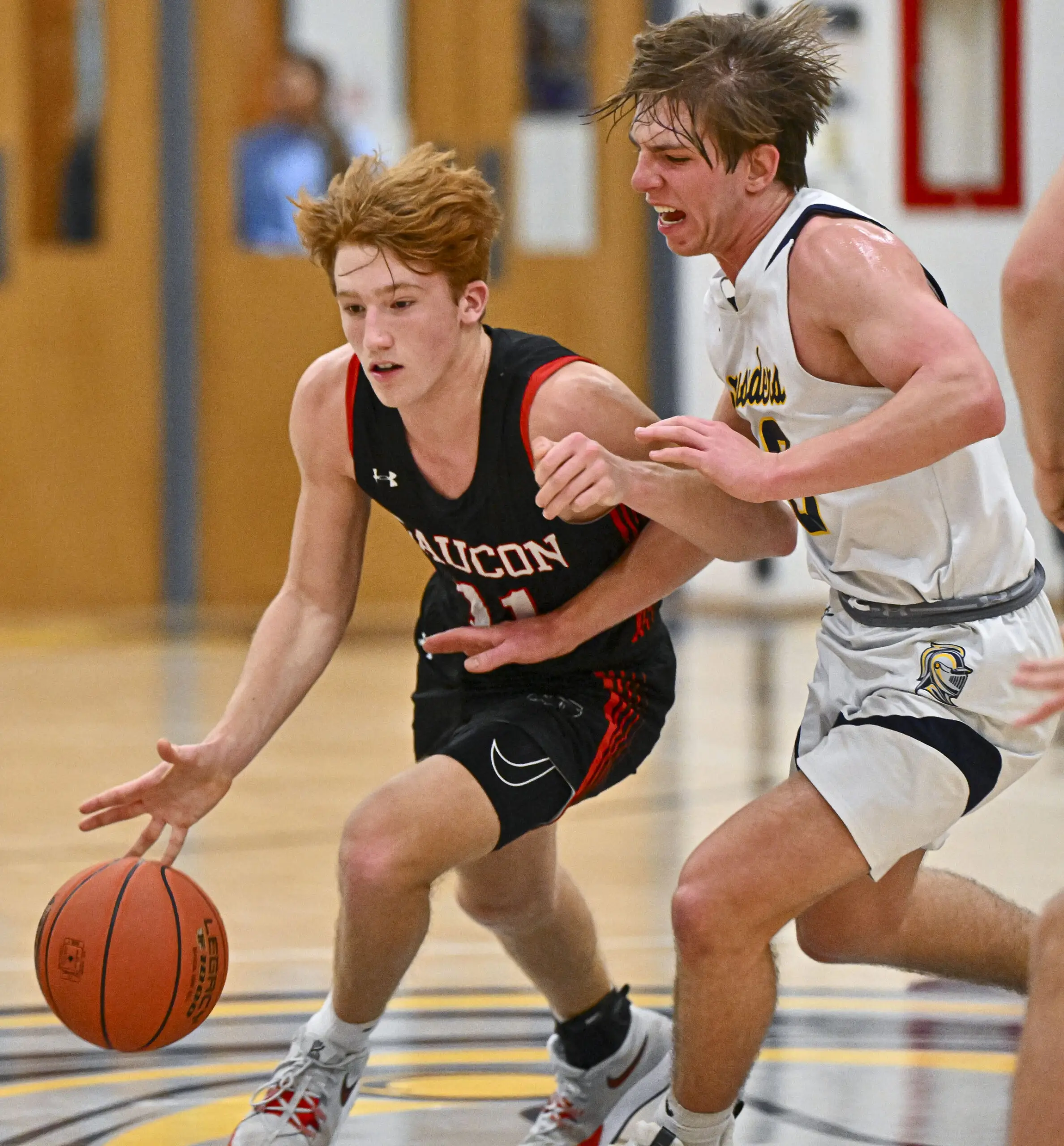 Saucon Valley's Jack Robertson drives against Notre Dame-Green Pond's Cameron Bohn during a boys basketball game on Wednesday, Jan. 31, 2024, at Notre Dame-Green Pond High School. (April Gamiz/The Morning Call)